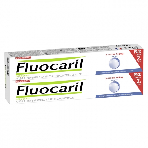 Dentífrico anti-caries refuerza el esmalte encías Bi-Fluoré 145 mg Fluocaril pack de 2 unidades de 75 ml.