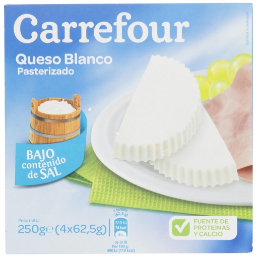 Queso fresco de Burgos bajo contenido de sal Carrefour pack de 4 unidades de 62,5 g.