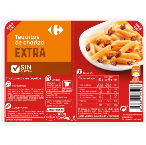 Chorizo Extra en taquitos Carrefour sin gluten 2x50 g
