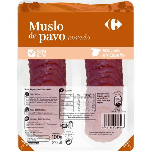 Muslo de Pavo Curado en lonchas Carrefour sin gluten pack de 2 unidades de 50 g