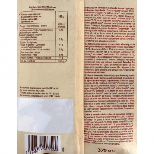 Muesli de avena de chocolate ecológico Carrefour Bio 375 g.
