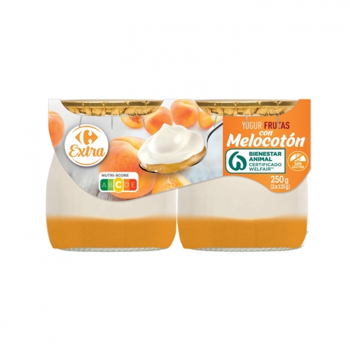 Yogur frutas con melocotón Extra Carrefour sin gluten pack de 2 unidades de 125 g.