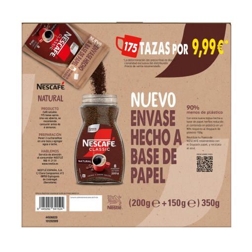 Pack Nescafé Classic: Café soluble instantáneo 200 g. + Café soluble instanténeo doy pack 150 g.