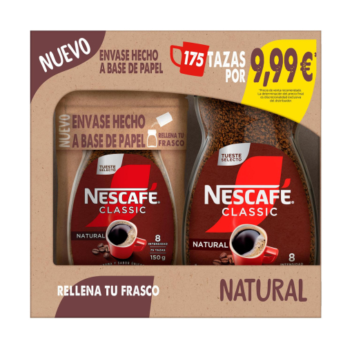 Pack Nescafé Classic: Café soluble instantáneo 200 g. + Café soluble instanténeo doy pack 150 g.