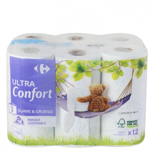 Papel higiénico 3 capas ultra confort Carrefour 12 rollos. 