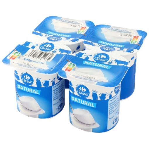 Yogur natural Carrefour Classic' pack de 4 unidades de 125 g.