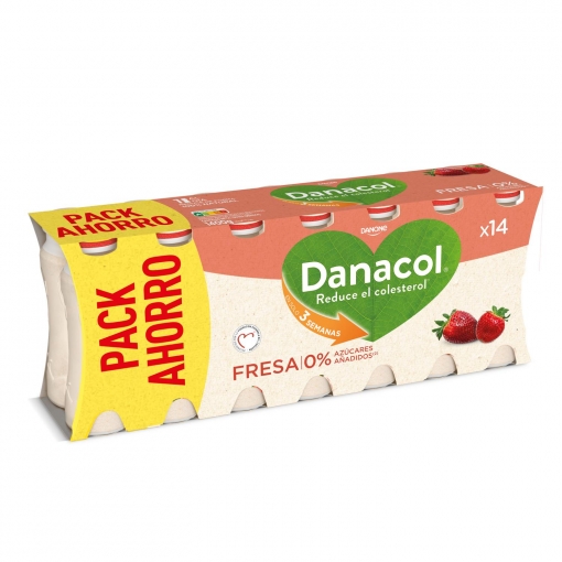 Leche fermentada líquida de fresa sin azúcar añadido Danone Danacol pack de 14 unidades de 100 g.