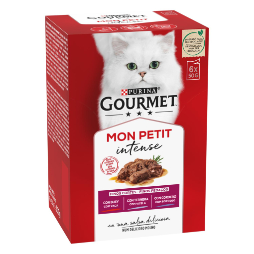 Comida húmeda de buey, ternera y cordero para gato Purina Gourmet Mon Petit 6x50 g.