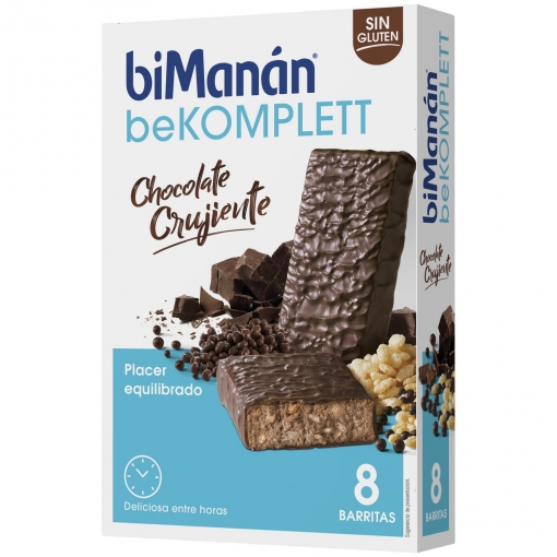 Barritas sustitutivas sabor chocolate crujiente Bimanán BeKomplett sin gluten pack de 8 unidades de 35 g.