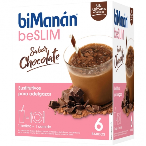 Batido sustitutivo sabor chocolate sin azúcar añadido en sobres Bimanán BeSlim 6 ud.