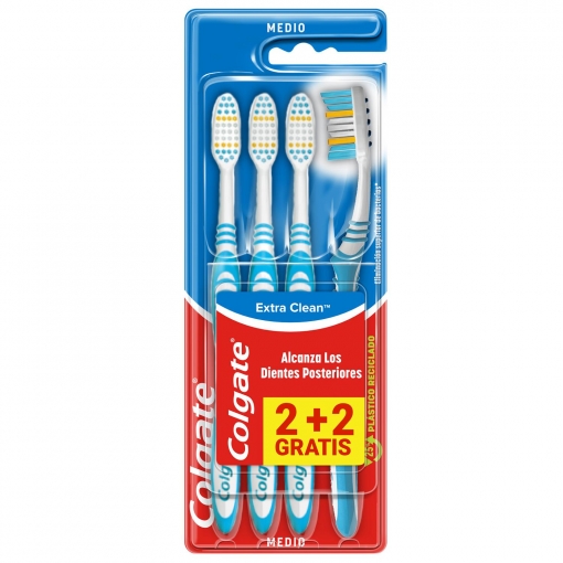 Cepillo de dientes medio elimina bacterias bucales Extra Clean Colgate 4 ud.