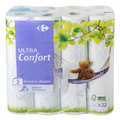 Papel higiénico 3 capas ultra confort Carrefour 32 rollos.