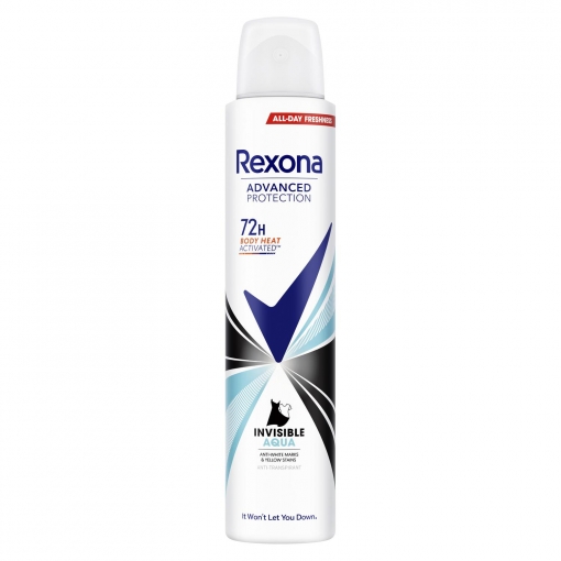 Desodorante en spray antitranspirante invisible aqua 72h Advanced Protection Rexona 200 ml.
