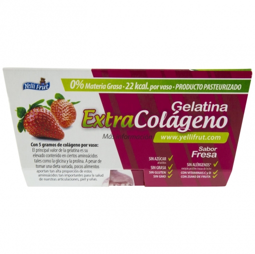 Gelatina extracolágeno con zumo de frutas sabor fresa sin azúcar añadido Yelli Frut sin gluten pack de 4 unidades de 100 g.