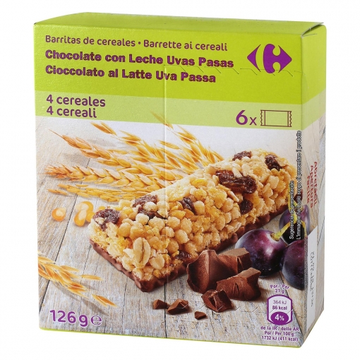 Barritas de cereales con chocolate, uvas y pasas Carrefour 6 unidades de 21 g.