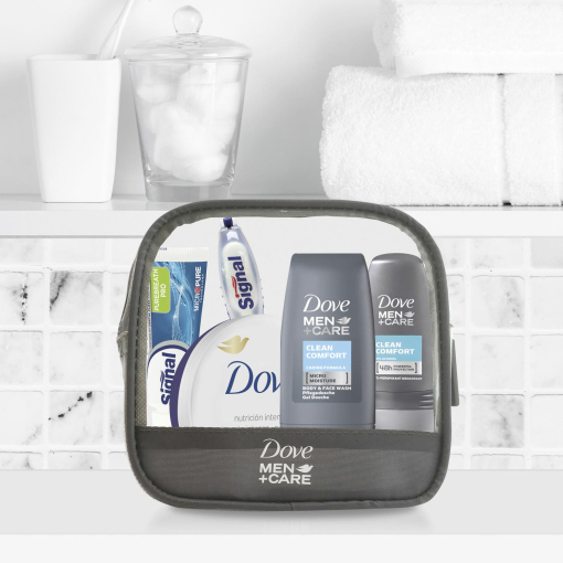 Neceser de viaje Dove Men+Care: gel de ducha Clean Comfort 50 ml,  desodorante roll-