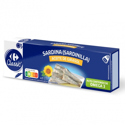 Sardinillas en aceite de girasol Classic Carrefour pack de 2 unidades de 65 g.