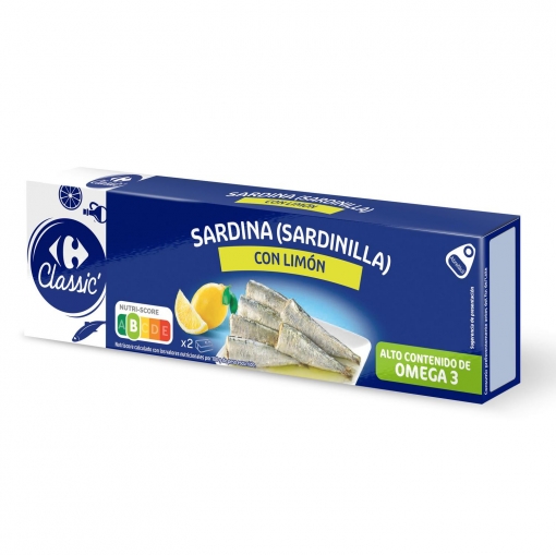 Sardinillas en aceite de girasol con limón Classic Carrefour pack de 2 unidades de 63 g.