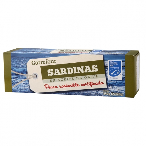 Sardinas en aceite de oliva procedente de pesca sostenible Carrefour pack de 2 unidades de 84 g.