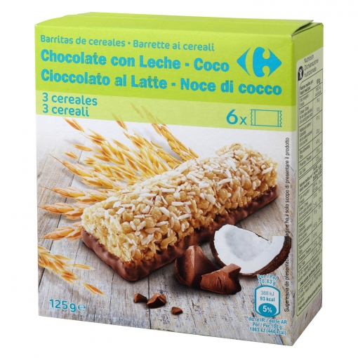 Barritas de cereales con chocolate con leche y coco Carrefour 6 unidades de 20,83 g.