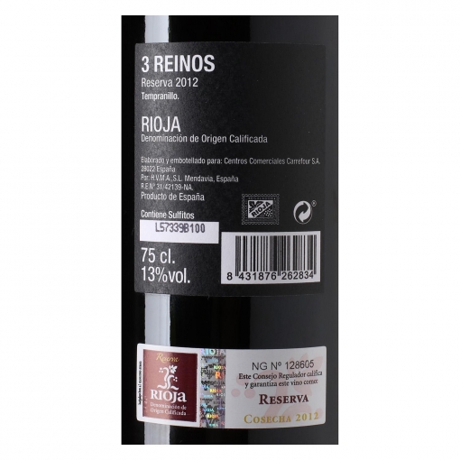 Vino D.O. Ca. Rioja tinto reserva 3 Reinos 75 cl.