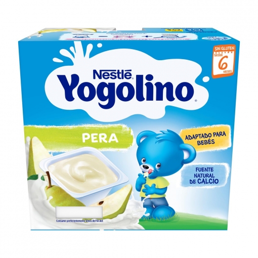 Postre lácteo de pera desde 6 meses Nestlé Yogolino sin gluten sin aceite de palma pack de 4 unidades de 100 g.