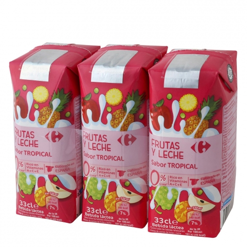 Zumo de frutas y leche Carrefour sabor tropical pack de 3 briks de 33 cl.