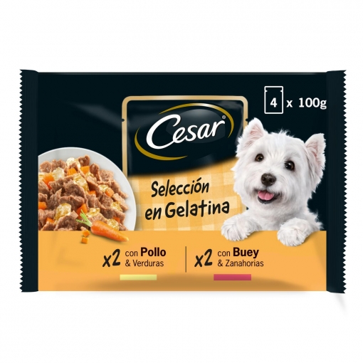 Comida húmeda selección carnes mixtas en gelatina para perro Cesar pack de 4 unidades de 100 g.