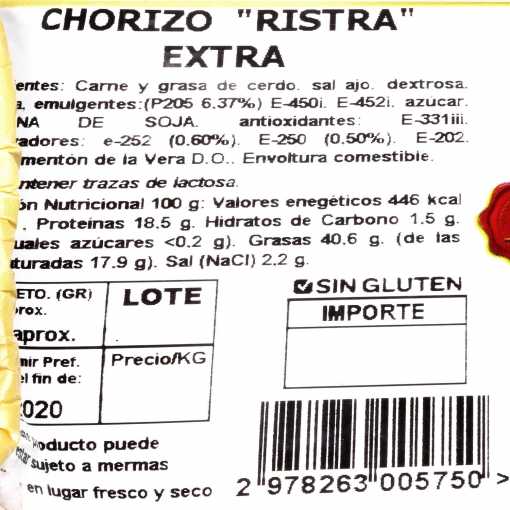 Chorizo ibérico ristra Embutidos Nejosa pieza 700 g aprox