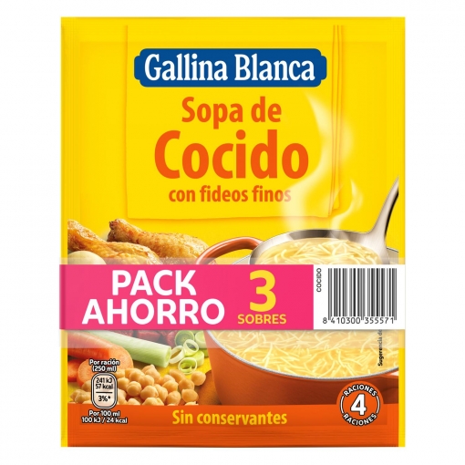 Sopa de cocido Gallina Blanca pack de 3 sobres de 72 g.