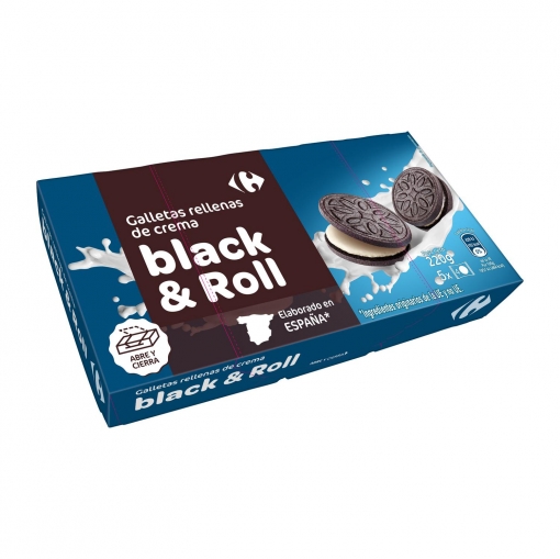 Galletas de cacao rellenas de crema Black&Roll Carrefour 220 g.