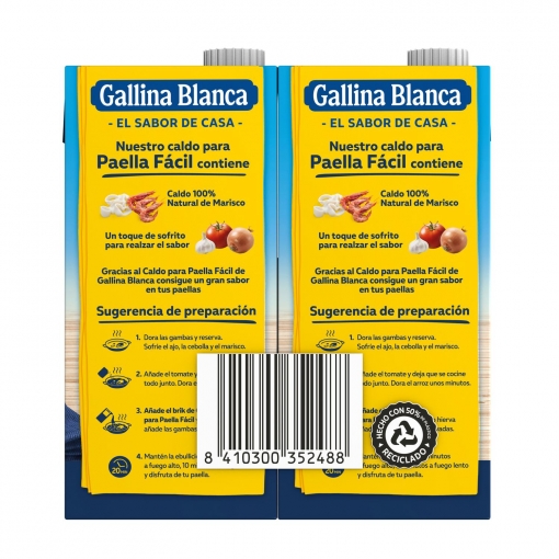 Caldo para paella fácil de marisco 100% Natural Gallina Blanca sin gluten pack de 2 briks de 1 l.